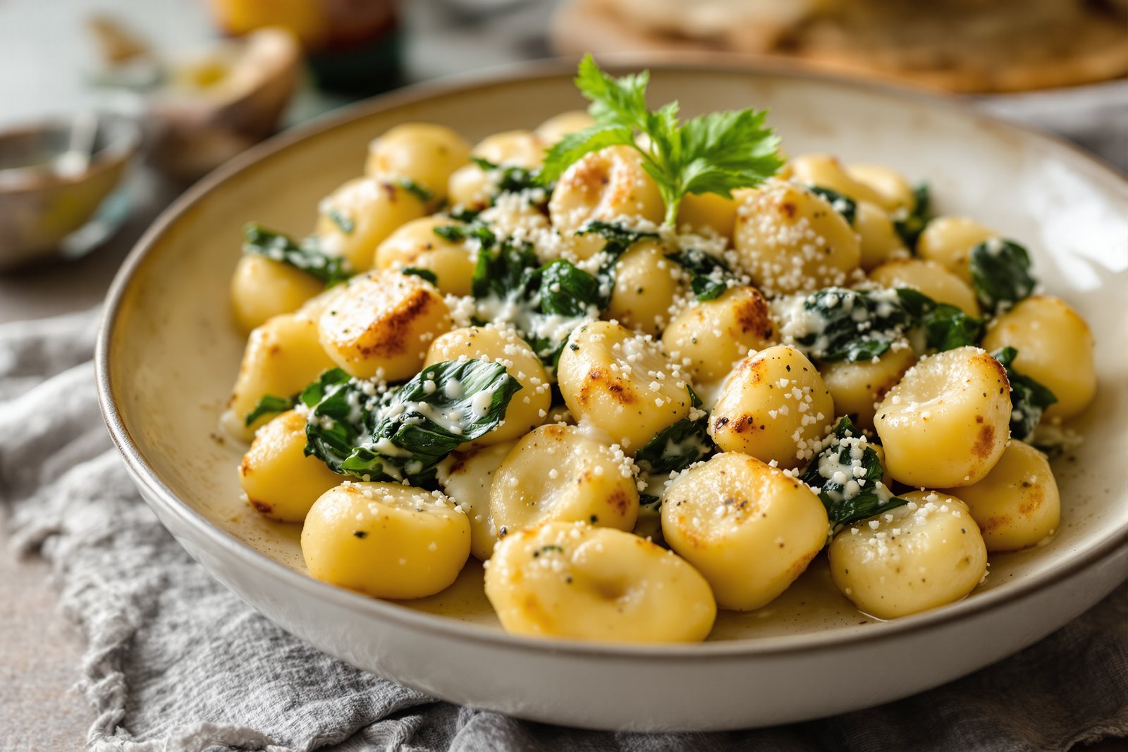 Poêlée de gnocchis aux épinards et à la crème légère