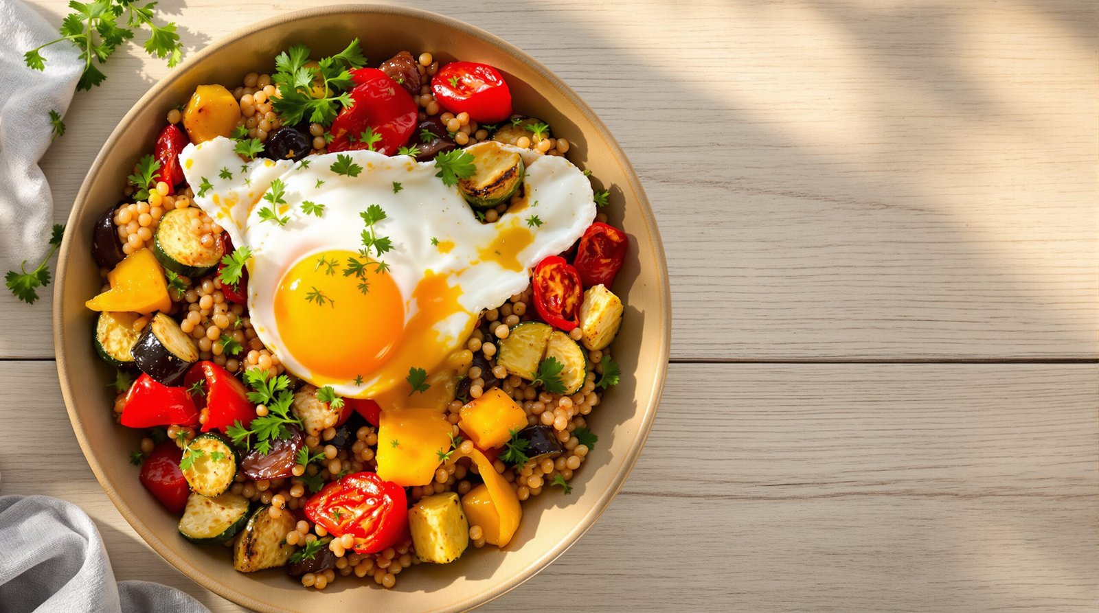 découvrez une recette savoureuse de poêlée de sarrasin aux légumes rôtis, accompagnée d'un œuf mollet fondant, parfaite pour un repas sain et gourmand.