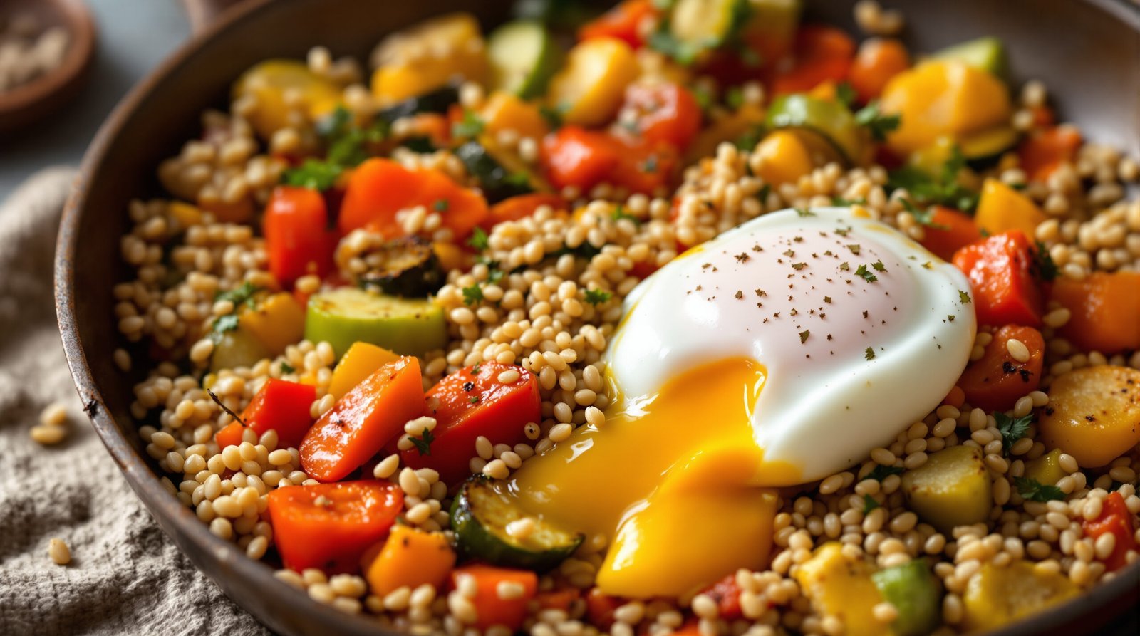 découvrez notre délicieuse poêlée de sarrasin aux légumes rôtis accompagnée d'un œuf mollet fondant, une recette saine et savoureuse parfaite pour un repas équilibré.