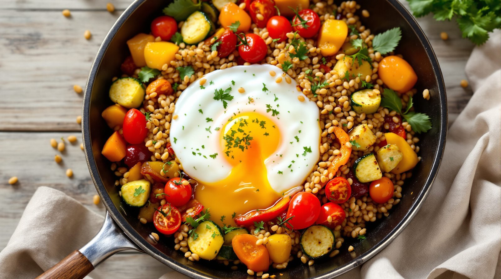 découvrez une délicieuse poêlée de sarrasin aux légumes rôtis accompagnée d'un œuf mollet fondant, un plat sain et savoureux parfait pour un repas équilibré.