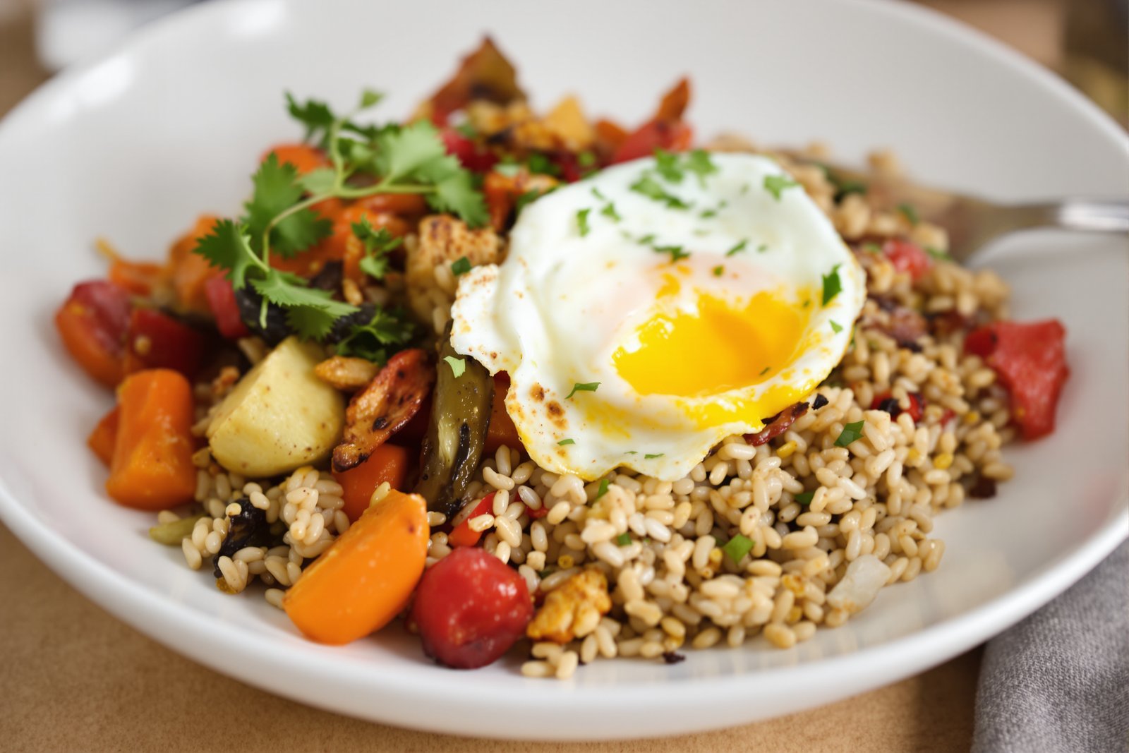 Poêlée de sarrasin aux légumes rôtis et œuf mollet