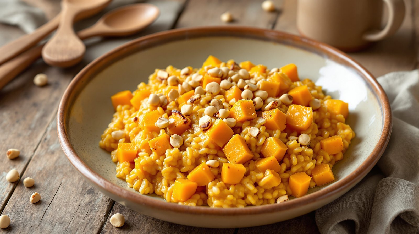 découvrez notre recette onctueuse de risotto au potimarron, sublimé par le croquant des noisettes torréfiées, pour un plat automnal savoureux et réconfortant.