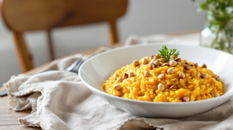 découvrez notre recette savoureuse de risotto au potimarron et noisettes torréfiées, un plat crémeux et réconfortant parfait pour l'automne.
