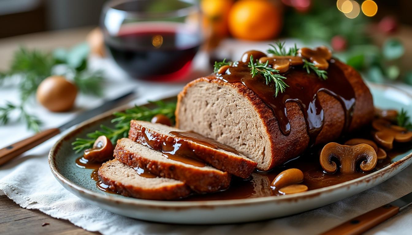 découvrez notre recette savoureuse de rôti de seitan aux champignons et châtaignes, un plat végétalien gourmand et réconfortant, parfait pour toutes les occasions.