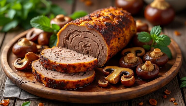 découvrez une recette savoureuse de rôti de seitan aux champignons et châtaignes, un plat végétarien réconfortant et riche en saveurs pour vos repas d'automne.