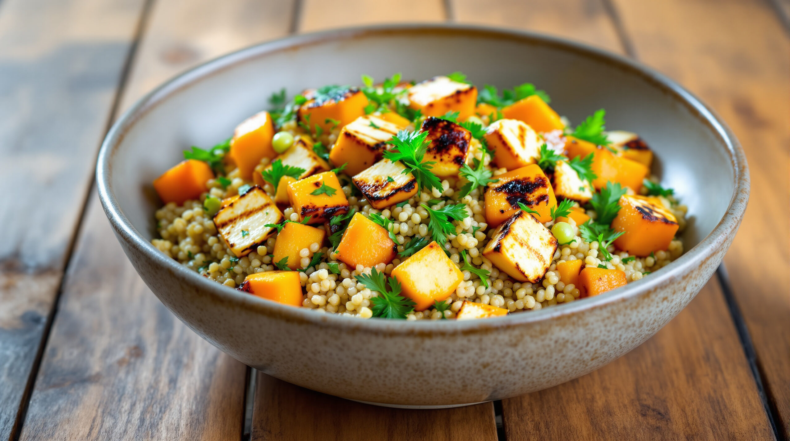 découvrez notre salade gourmande alliant quinoa, butternut rôti et halloumi grillé pour un repas sain et savoureux.