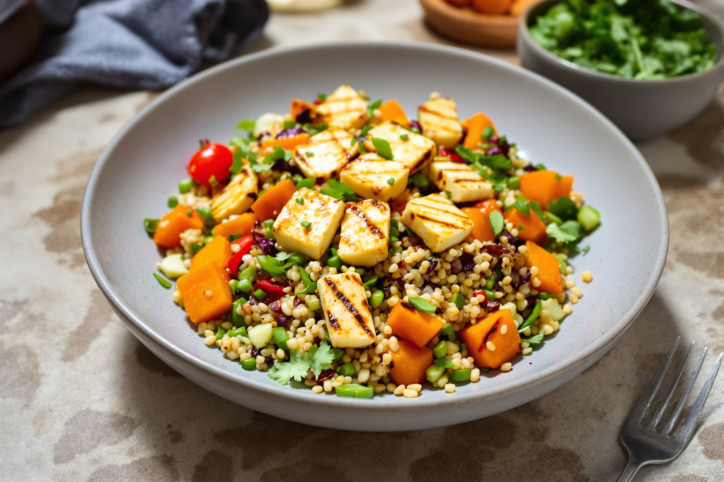 Salade Quinoa, butternut rôti et Halloumi grillé