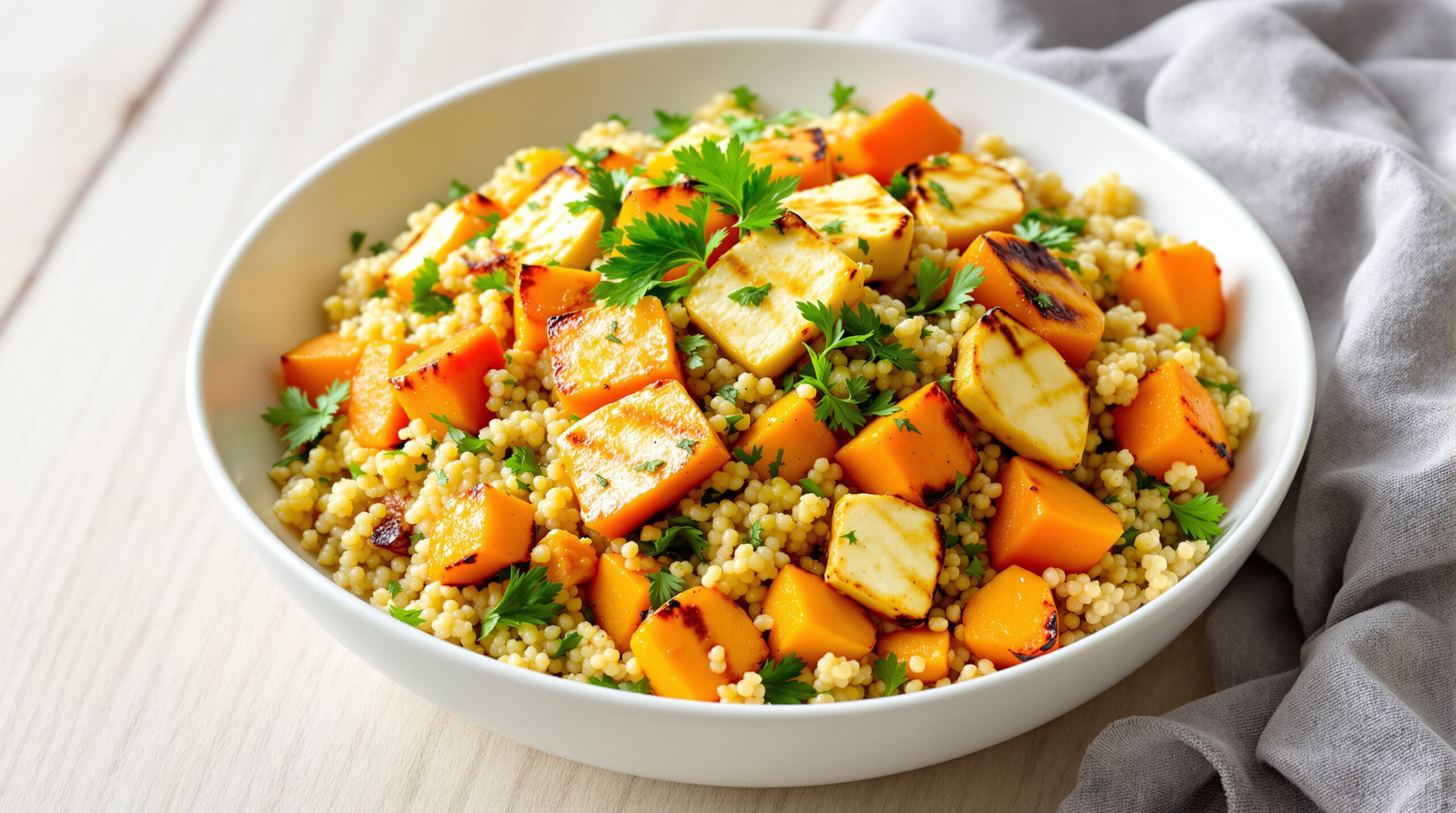 découvrez notre salade gourmande alliant quinoa, butternut rôti et halloumi grillé pour une explosion de saveurs et une touche saine et réconfortante.