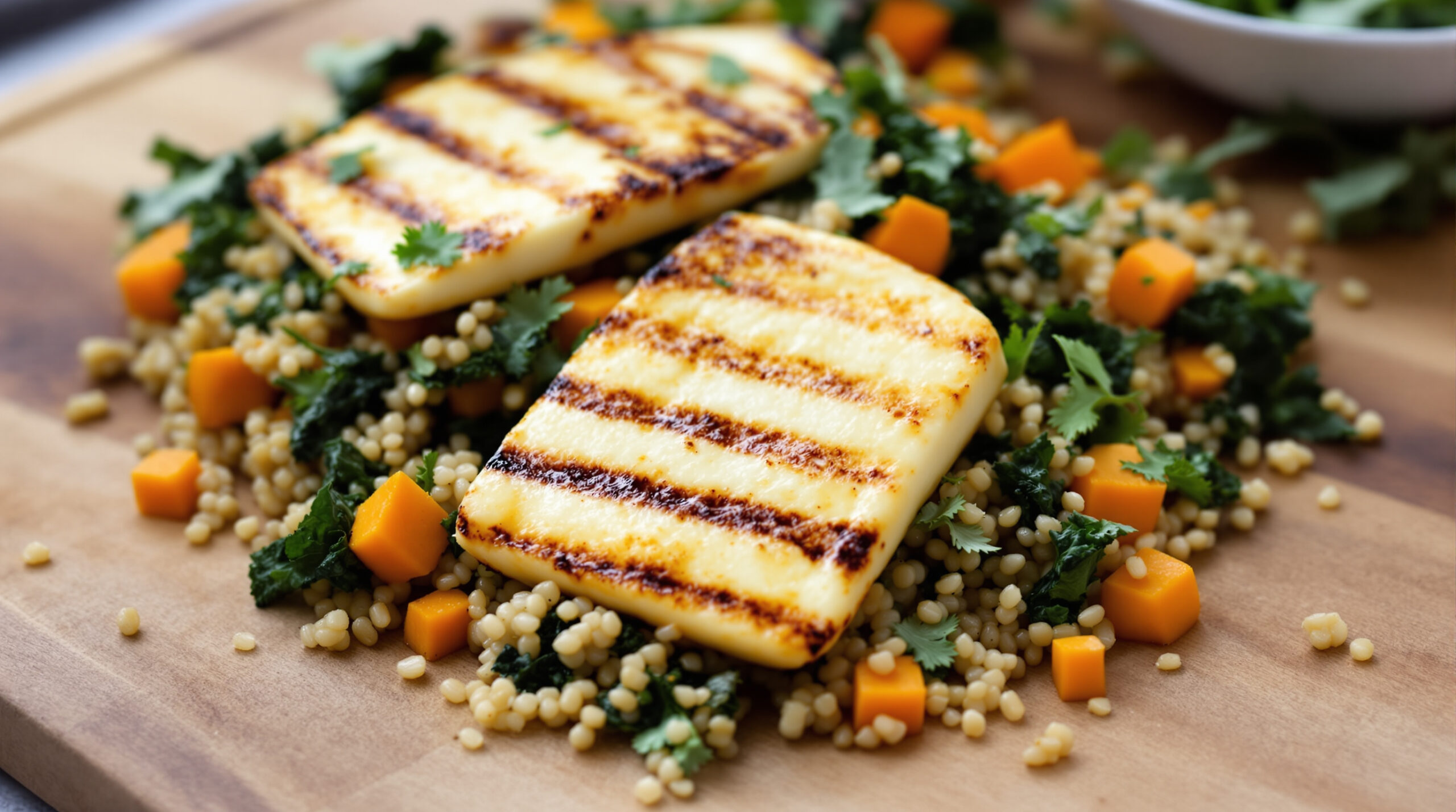 découvrez une salade savoureuse alliant quinoa léger, butternut rôti fondant et halloumi grillé croustillant pour un repas sain et gourmand.