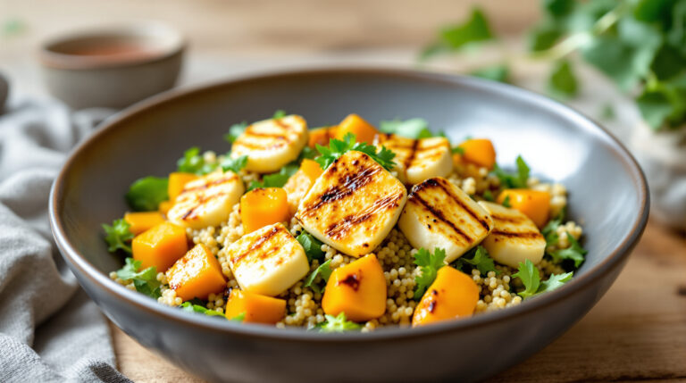 découvrez notre salade gourmande alliant quinoa nutritif, butternut rôti savoureux et halloumi grillé pour une explosion de saveurs et une texture parfaite.
