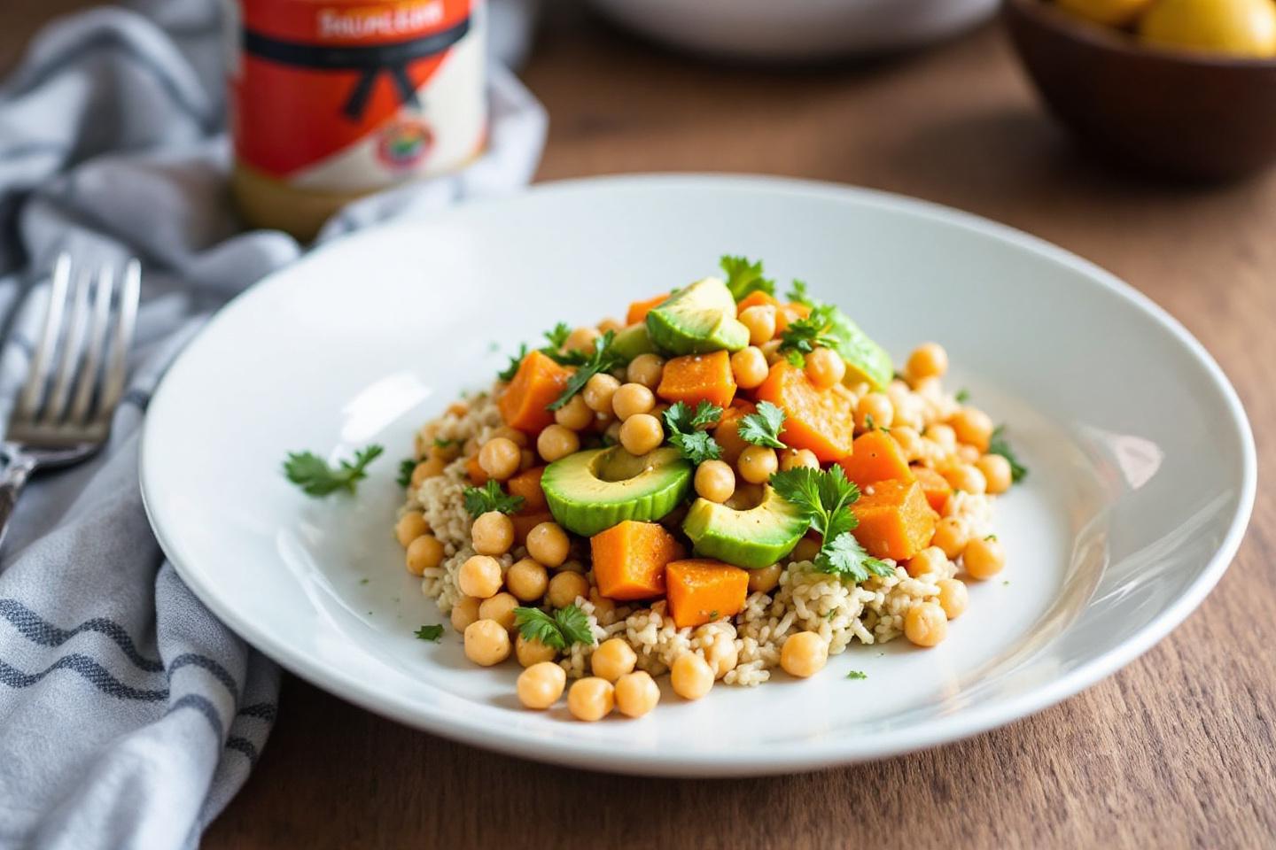 Salade tiède de patate douce rôtie, avocat et pois chiches croquants