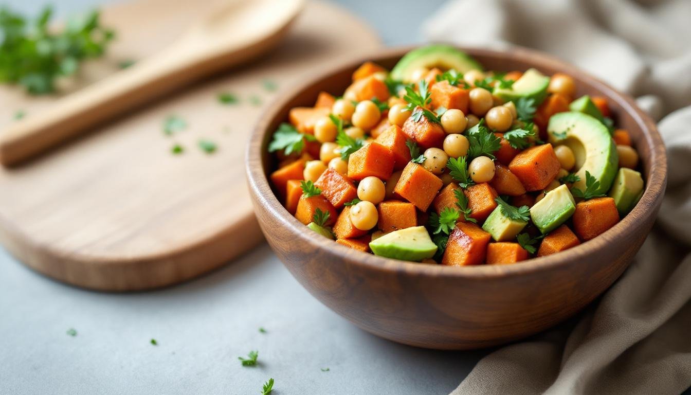 découvrez notre salade tiède de patate douce rôtie, accompagnée d'avocat crémeux et de pois chiches croquants pour une explosion de saveurs et de textures saines et gourmandes.