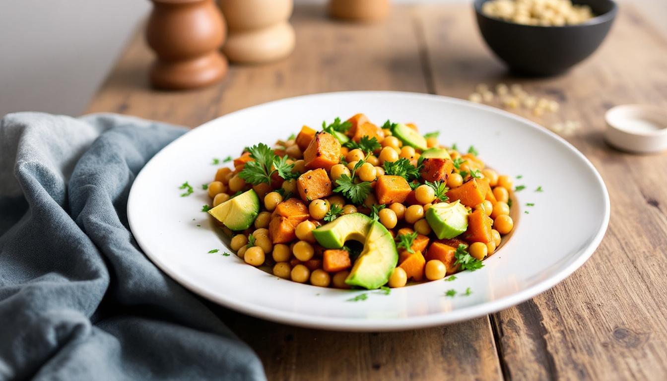 découvrez notre salade tiède de patate douce rôtie accompagnée d'avocat crémeux et de pois chiches croquants pour une explosion de saveurs et de textures sainement gourmande.