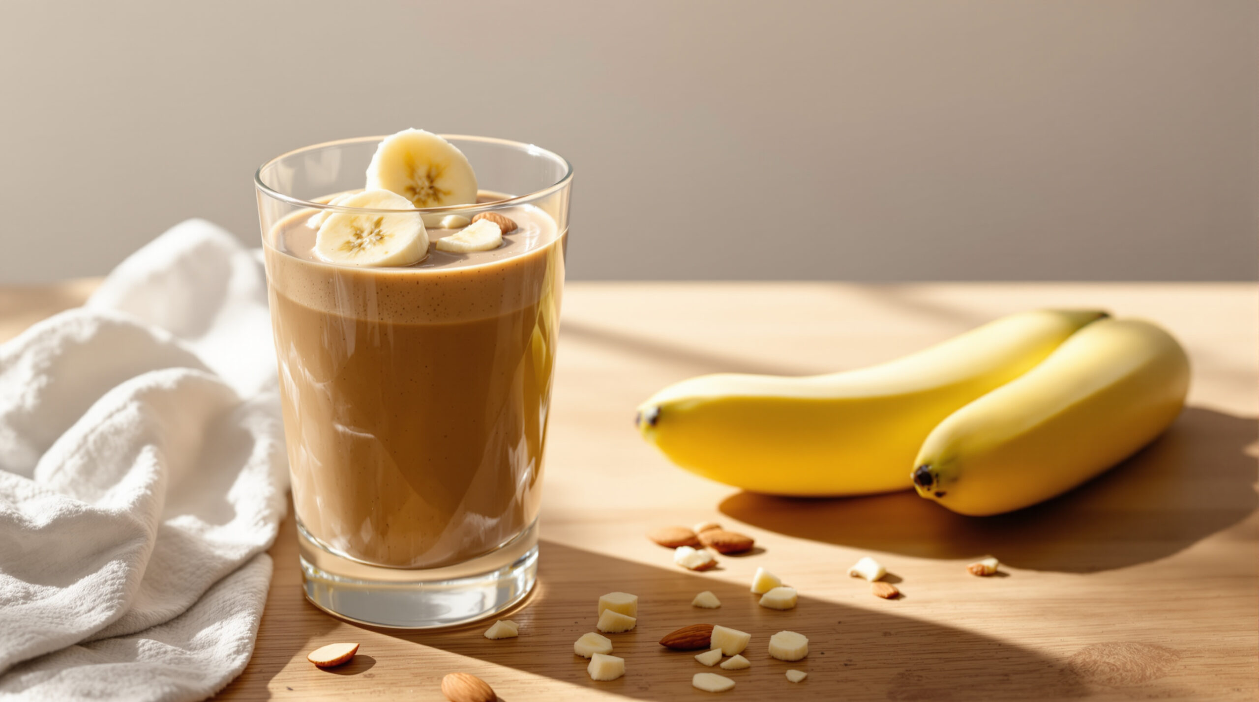 découvrez notre smoothie protéiné au délicieux mélange de hojicha, banane et amande, parfait pour une pause gourmande et énergisante.