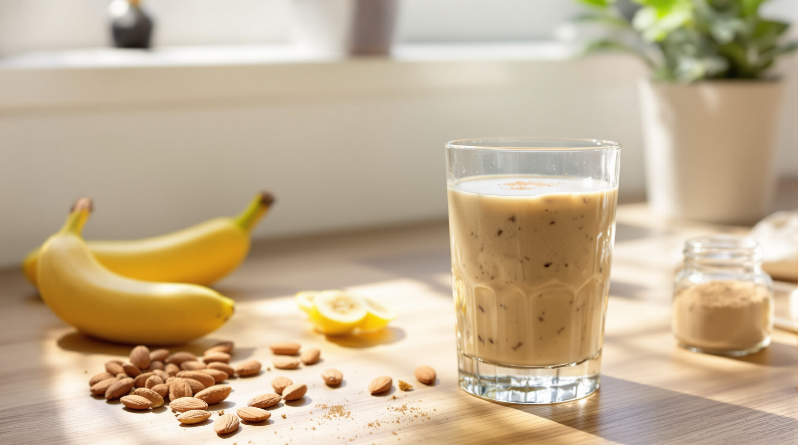 découvrez notre smoothie protéiné alliant la douceur de la banane, la saveur unique du hojicha et la richesse de l'amande, pour une boisson saine et énergisante.