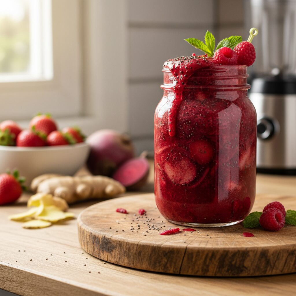 découvrez notre smoothie rouge vitalité alliant la douceur de la fraise, la richesse de la betterave et le piquant du gingembre pour un coup de boost naturel et savoureux.