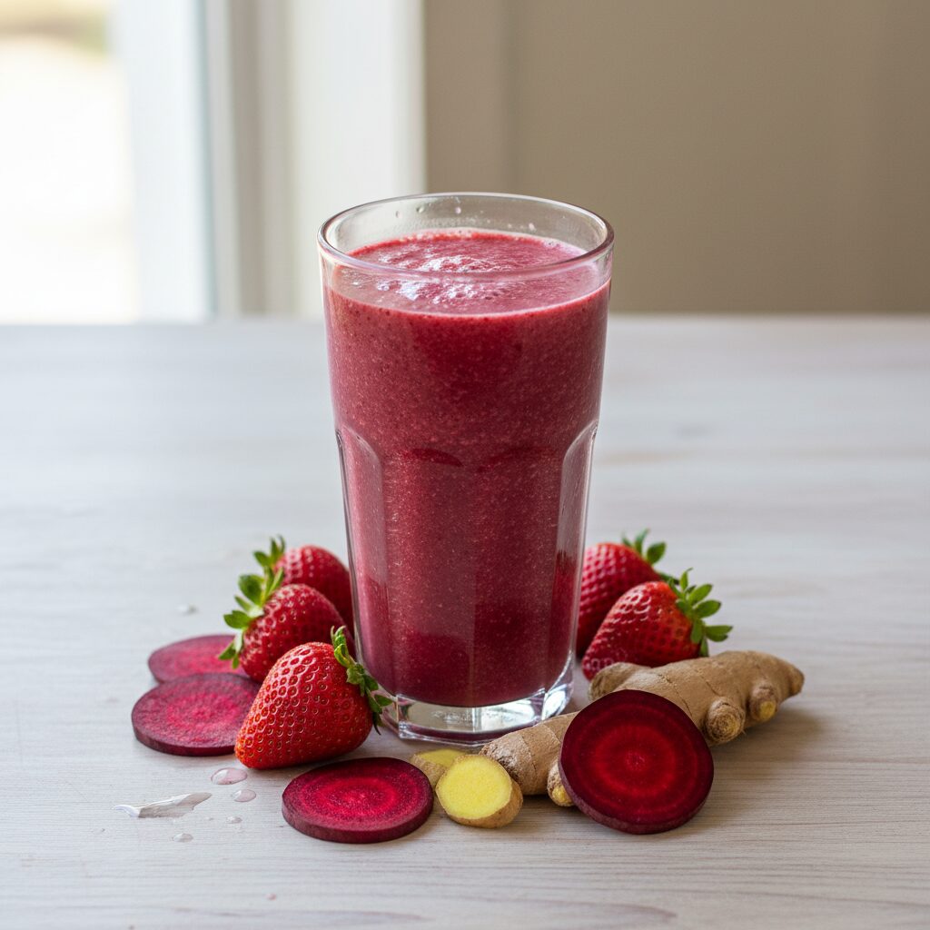 découvrez notre smoothie rouge vitalité, un mélange énergisant de fraise, betterave et gingembre pour une boisson saine et revitalisante.