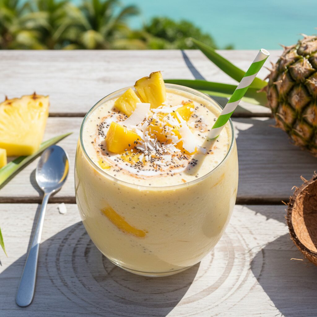 découvrez notre smoothie tropical gourmand alliant la douceur de l'ananas, la fraîcheur de la noix de coco et les bienfaits nutritifs des graines de chia, pour une boisson saine et revitalisante.
