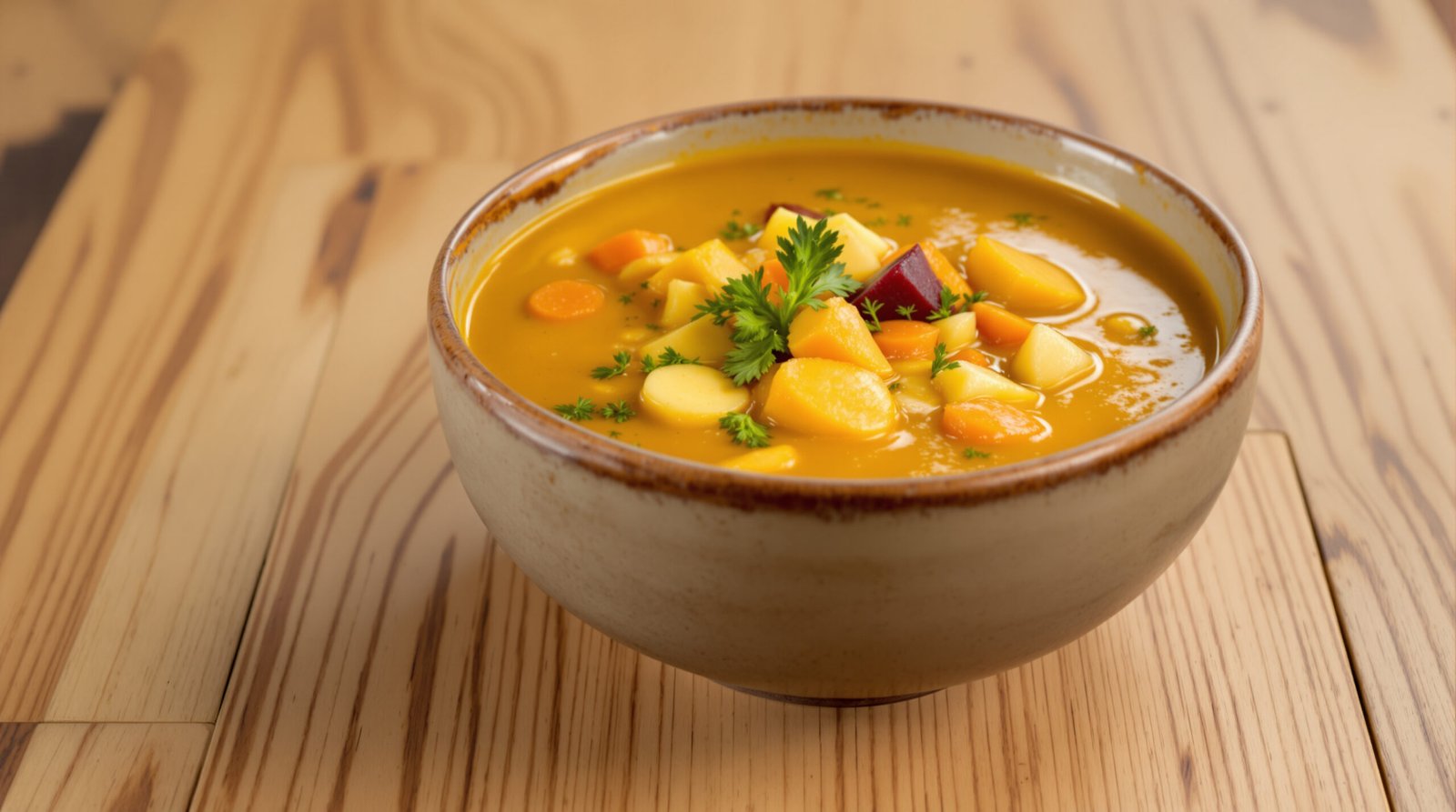 découvrez une délicieuse soupe de légumes racines parfumée au curcuma, idéale pour réchauffer vos repas tout en profitant des bienfaits d'une cuisine saine et naturelle.