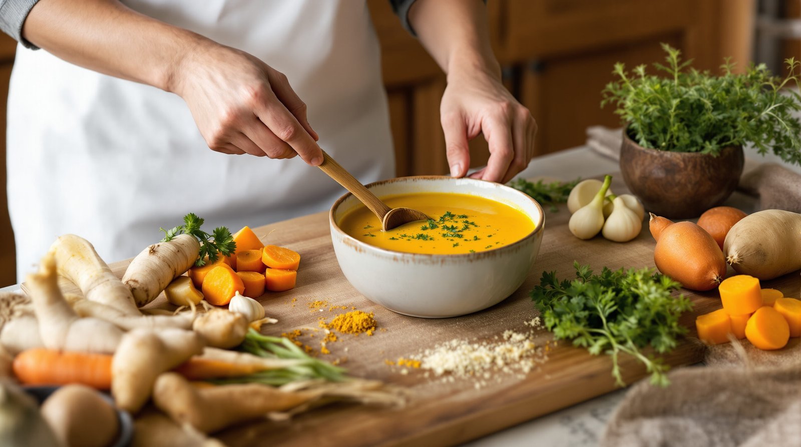 découvrez une délicieuse soupe de légumes racines relevée au curcuma, parfaite pour réchauffer vos soirées tout en profitant des bienfaits naturels et d'une saveur épicée subtile.