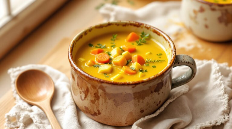 découvrez une délicieuse soupe de légumes racines au curcuma, riche en saveurs et idéale pour réchauffer vos repas tout en profitant des bienfaits anti-inflammatoires du curcuma.