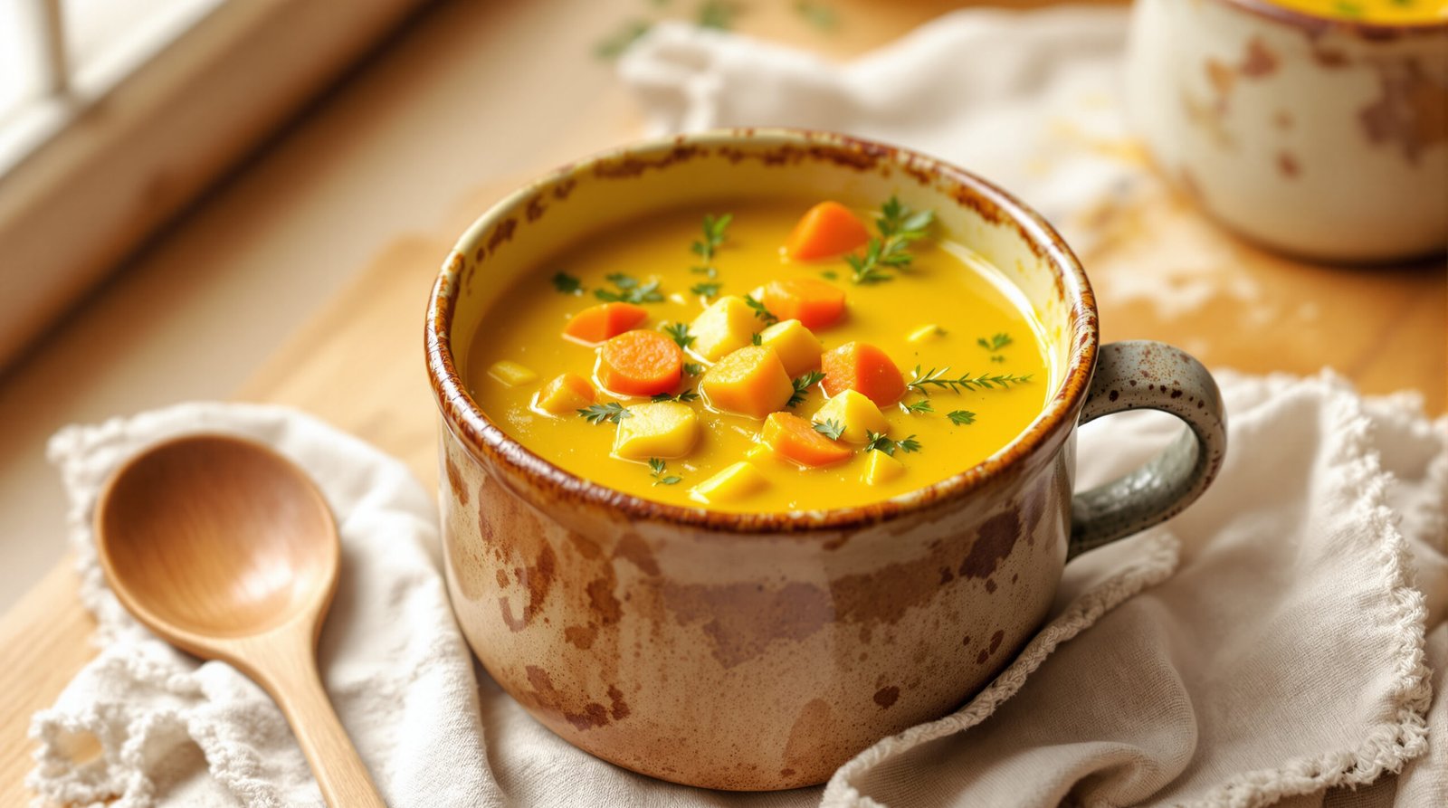 découvrez une délicieuse soupe de légumes racines au curcuma, riche en saveurs et idéale pour réchauffer vos repas tout en profitant des bienfaits anti-inflammatoires du curcuma.