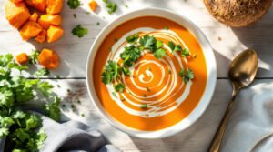 découvrez notre délicieuse recette de soupe de potimarron rôtie au lait de coco, parfaite pour réchauffer vos soirées avec une touche douce et crémeuse.