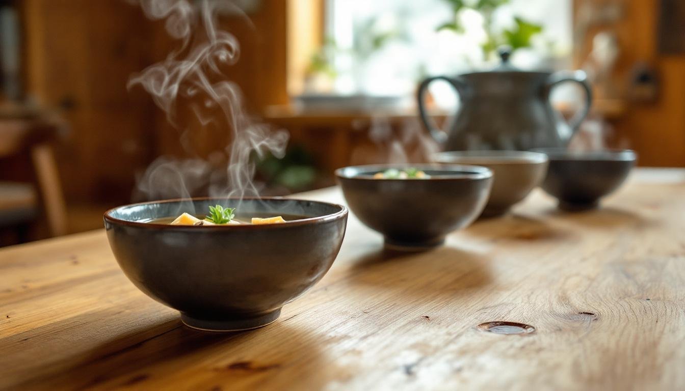 découvrez une soupe miso réconfortante aux champignons et tofu soyeux, parfaite pour réchauffer vos soirées avec des saveurs délicates et une texture fondante.