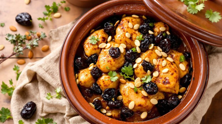découvrez notre recette savoureuse de tajine de poulet aux pruneaux et amandes, un plat marocain traditionnel alliant douceur et épices pour un repas gourmand.