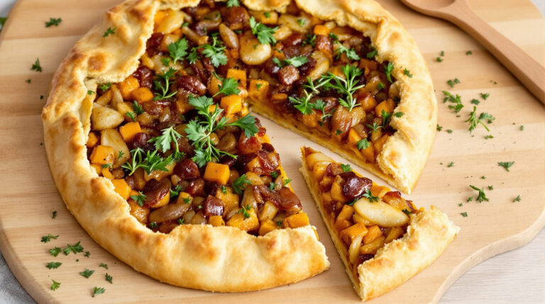 découvrez une délicieuse tarte salée au potimarron et aux oignons caramélisés, parfaite pour un repas gourmand et réconfortant.
