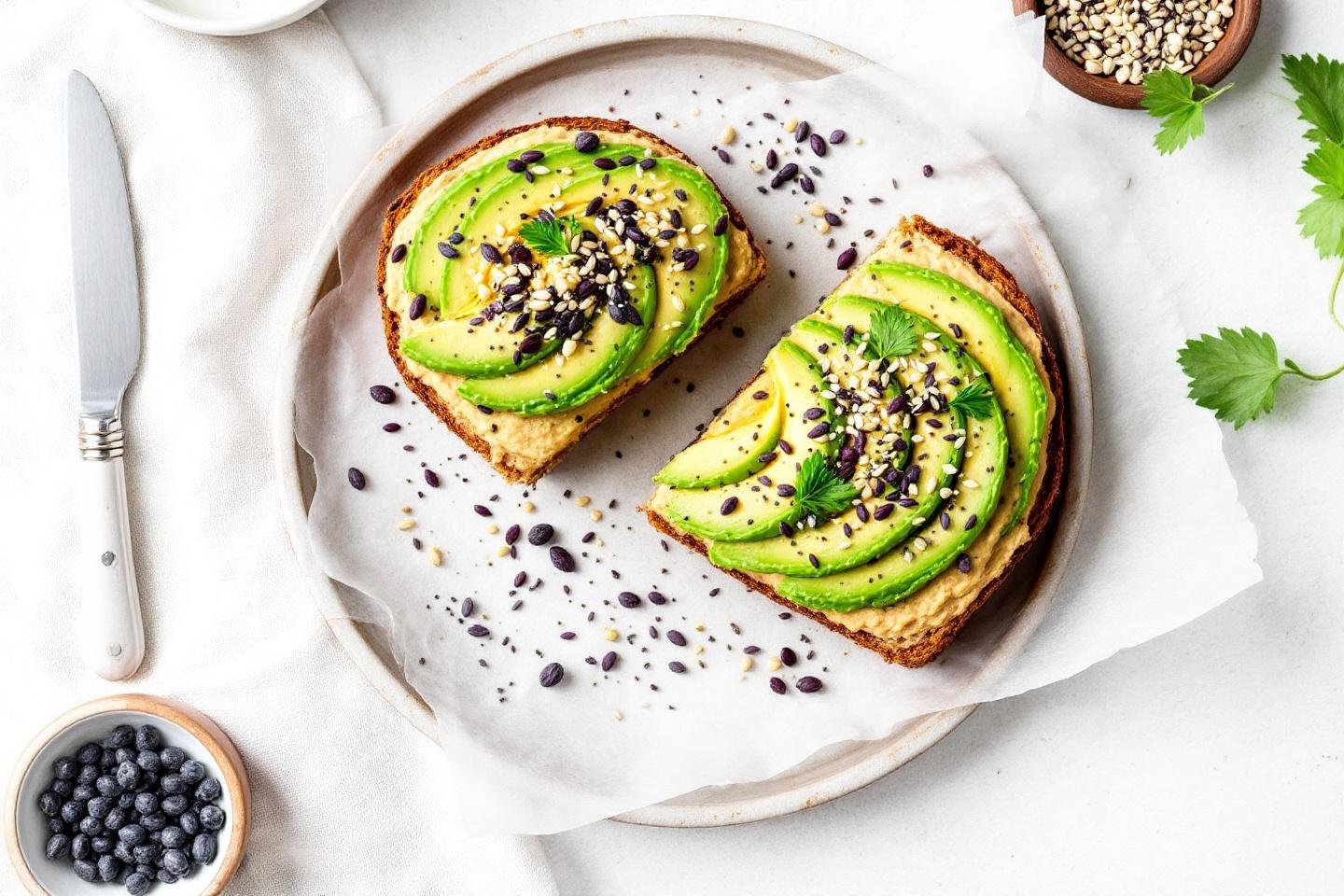 Tartine complète à l’houmous, avocat et graines anti-oxydantes