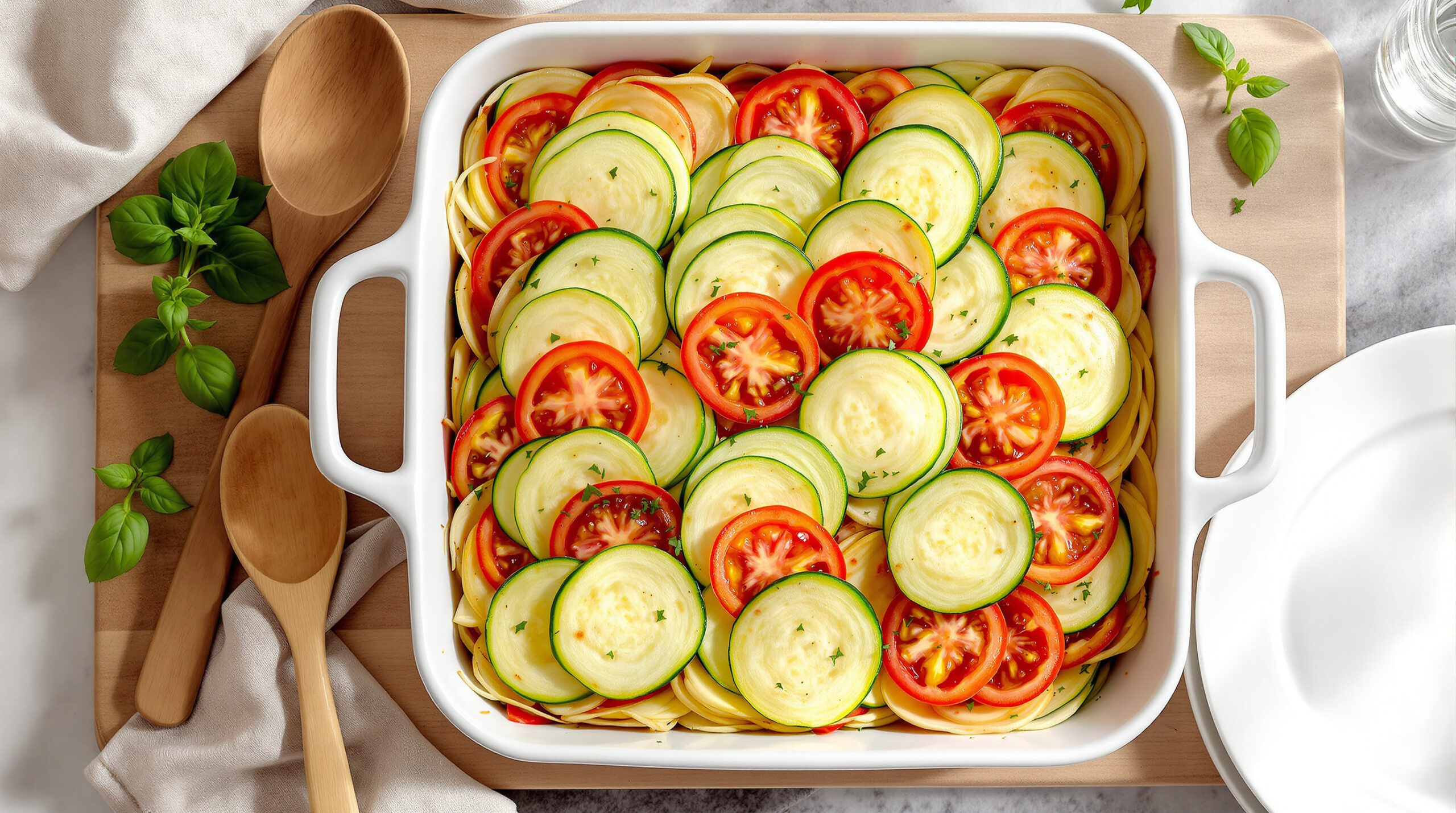 découvrez la recette visuelle du tian de courgettes façon millefeuille, un plat délicieux et coloré qui fera sensation à table. facile à réaliser et plein de saveurs estivales.