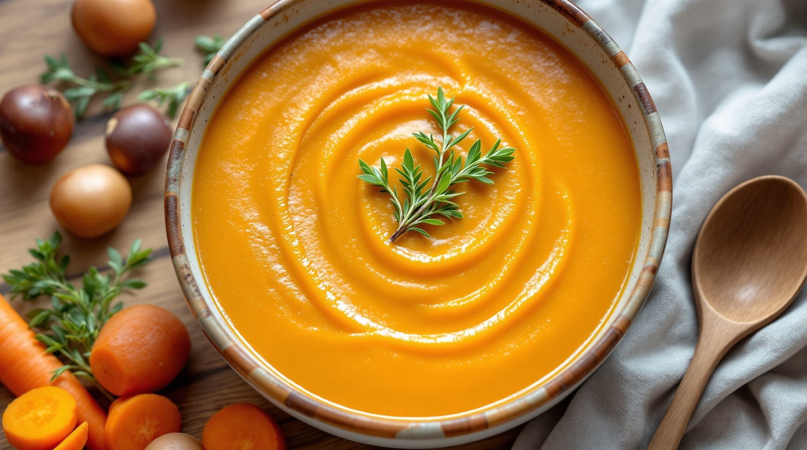 découvrez notre velouté de châtaignes et carottes au thym, une soupe onctueuse et savoureuse parfaite pour réchauffer vos soirées d'automne.