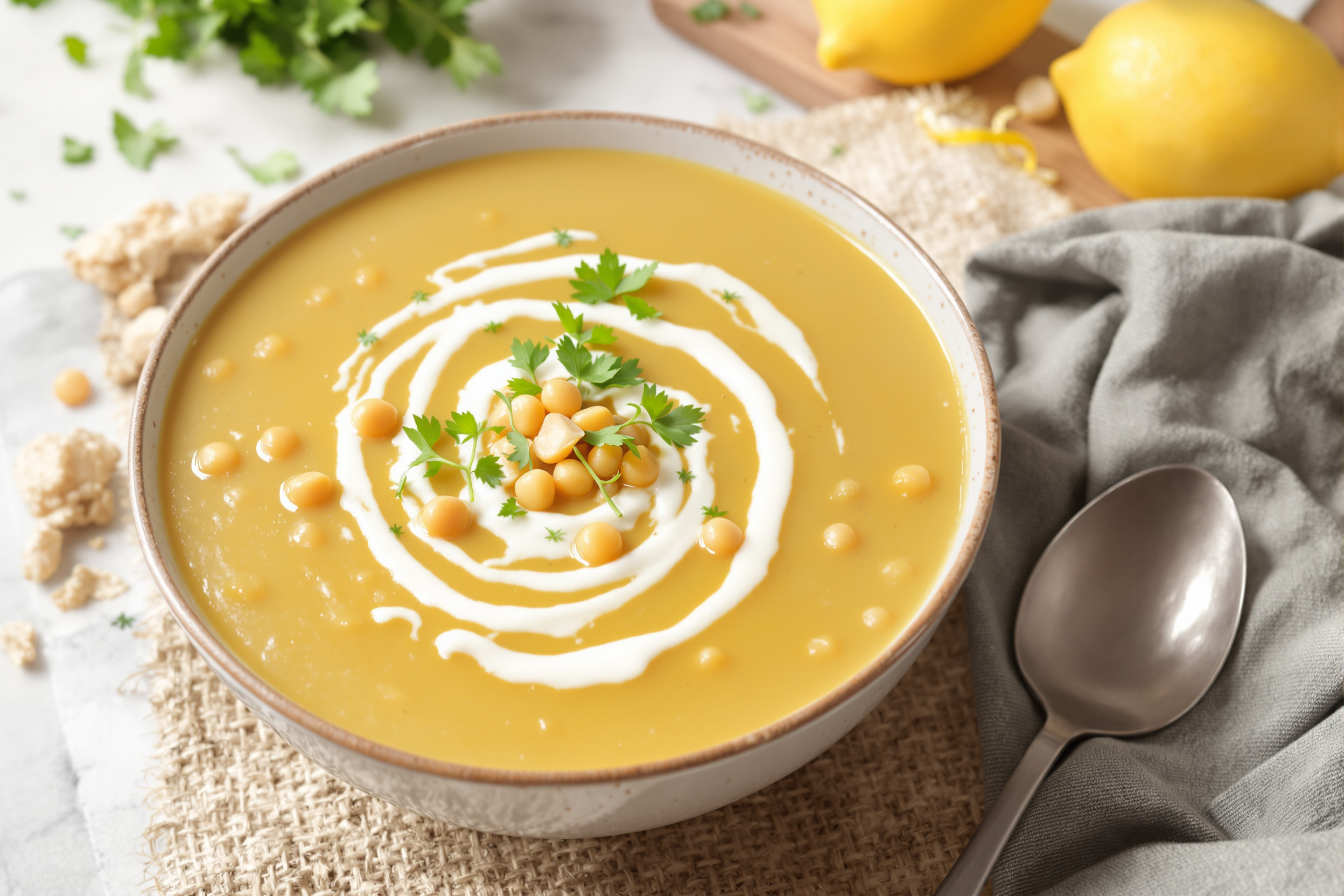 Velouté de pois cassés et crème citronnée